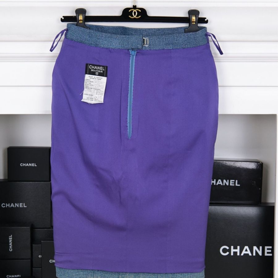Chanel 91年撞色丹宁牛仔紫色粗花呢滚边外套半裙套装-14