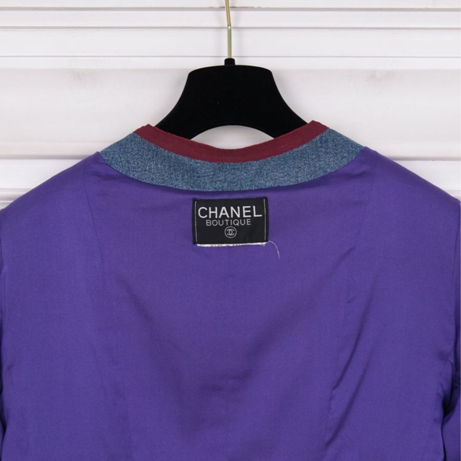 Chanel 91年撞色丹宁牛仔紫色粗花呢滚边外套半裙套装-20