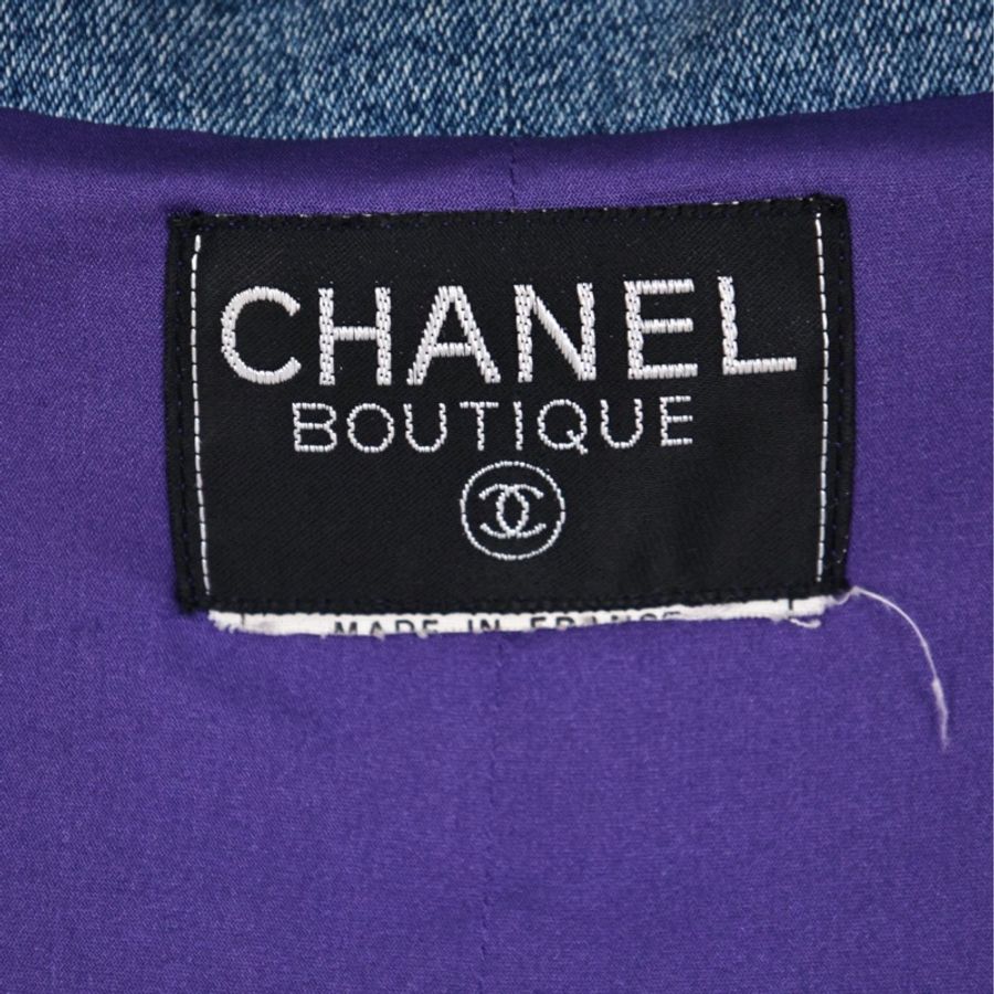 Chanel 91年撞色丹宁牛仔紫色粗花呢滚边外套半裙套装-29