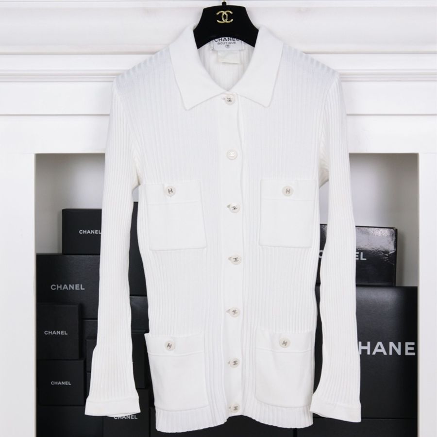 Chanel 07年白色针织白银扣四口袋开衫外套-0