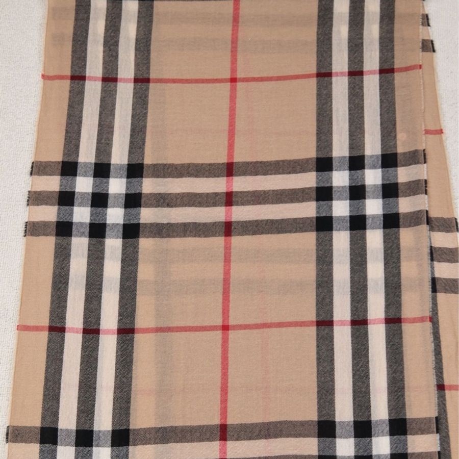 Burberry卡其色格纹山羊绒流苏围巾-4