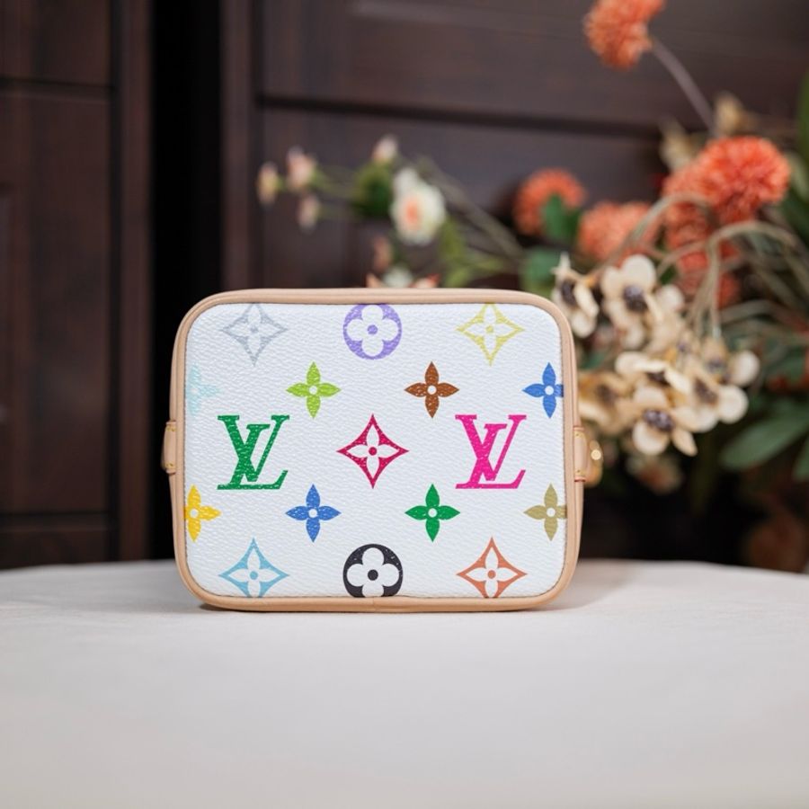 lv路易威登 白三彩nano noe小水桶 村上隆聯名款 手提包斜挎包單肩包 芯片款-4
