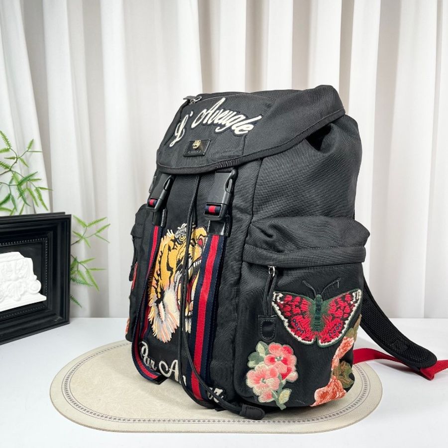 GUCCI古馳 帆布刺繡雙肩包 黑色帆布配老虎刺繡圖案 金色虎頭logo-4