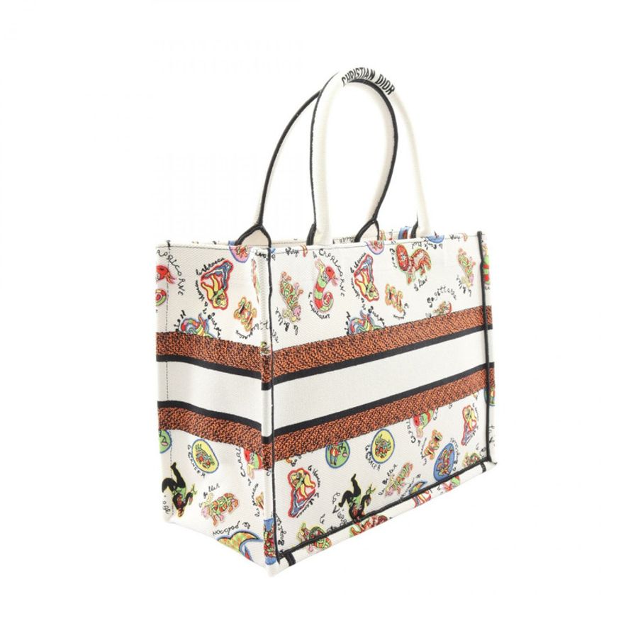 Dior BOOK TOTE 中型手提包 帆布 白色 多色 二手 女士 Logo-1