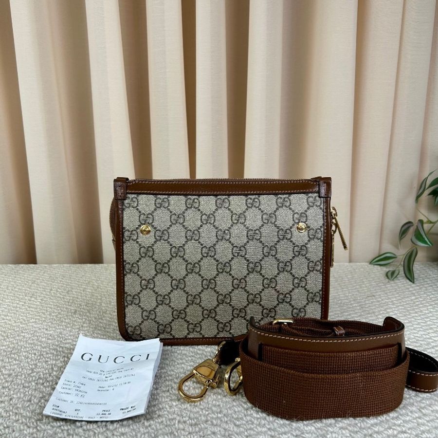 Gucci古馳復古棕色老花拼焦糖色郵差包-2