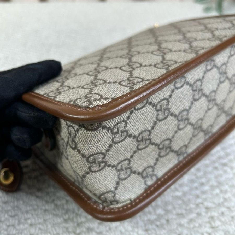Gucci古馳復古棕色老花拼焦糖色郵差包-8