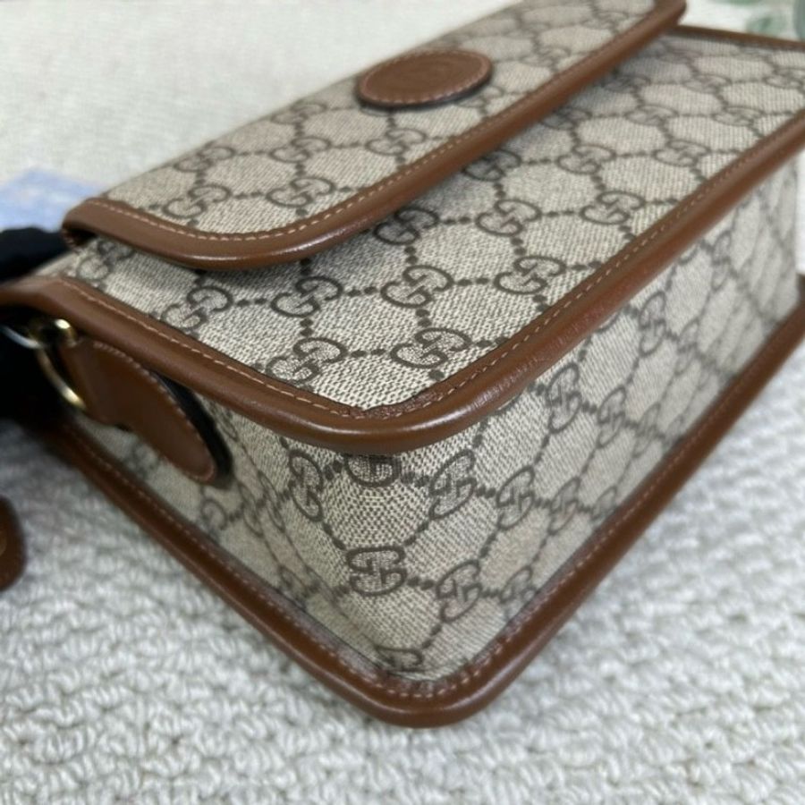 Gucci古馳復古棕色老花拼焦糖色郵差包-10