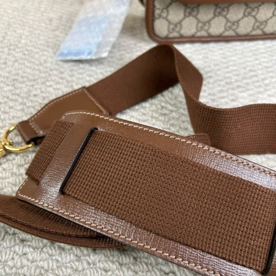 Gucci古馳復古棕色老花拼焦糖色郵差包-13