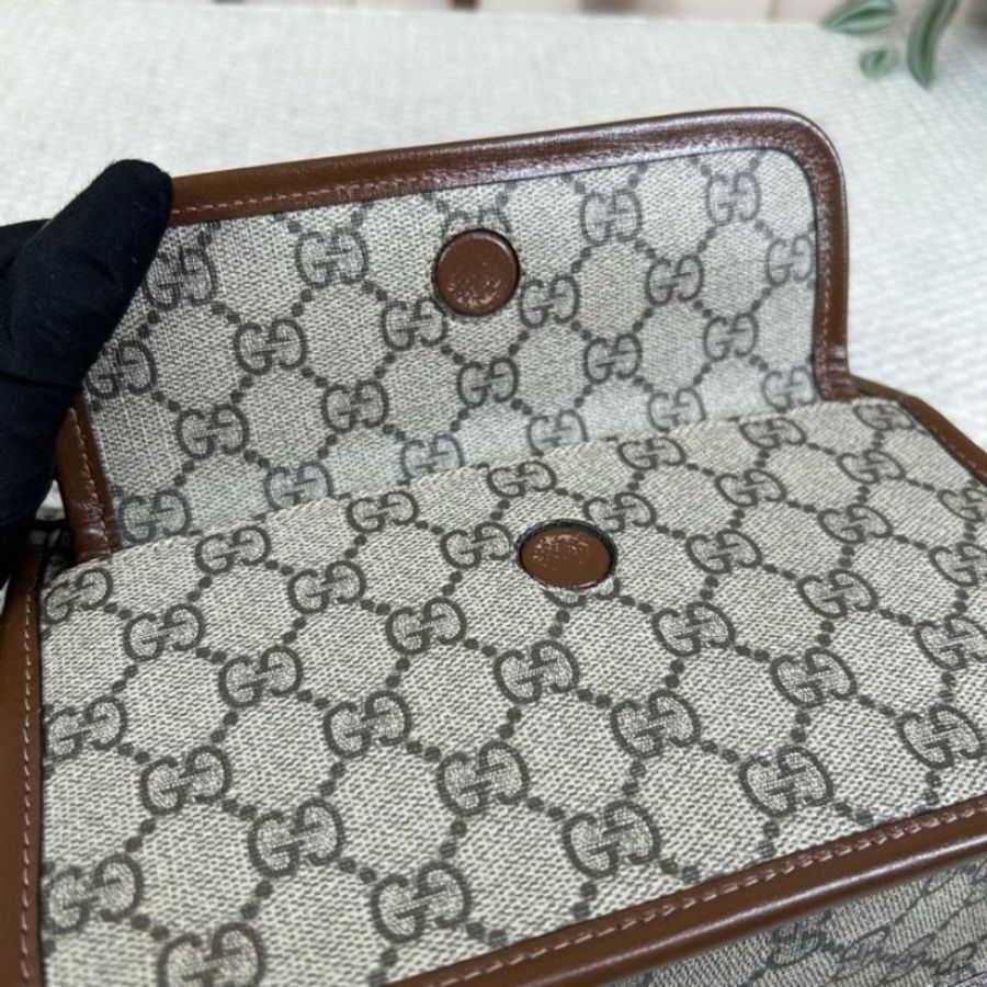 Gucci古馳復古棕色老花拼焦糖色郵差包-17
