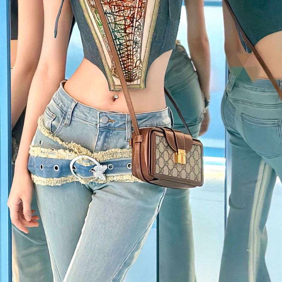 古馳/Gucci 金扣老花盒子斜挎包 底長18-0