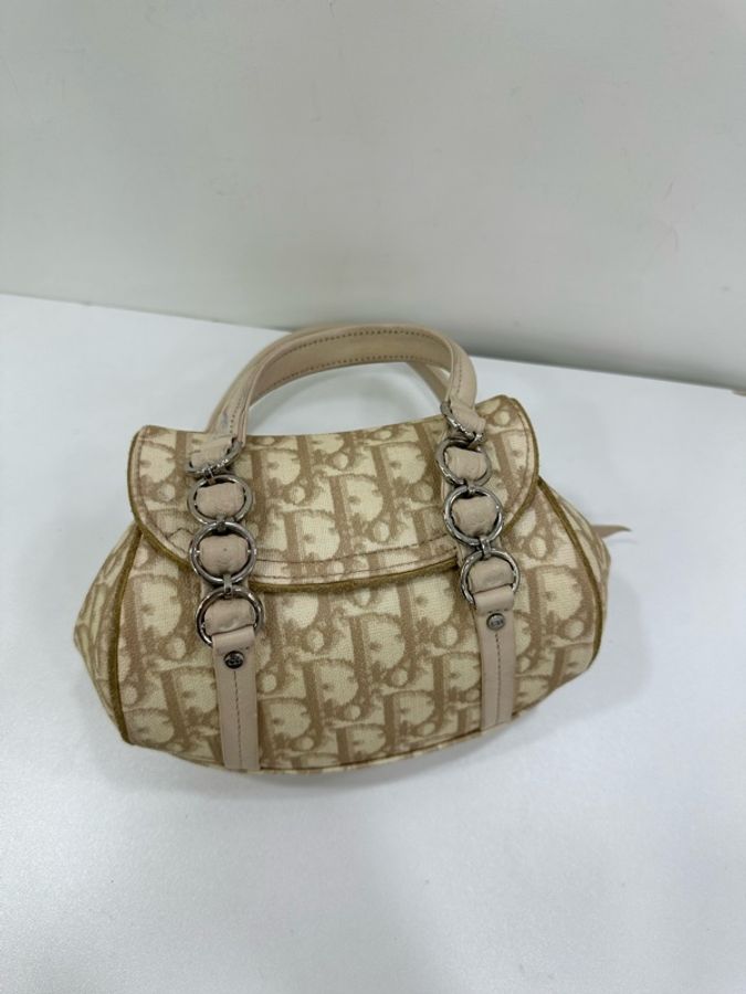 Dior迪奧燕麥老花白色絲絨蝴蝶結mini迷你手提包鏈條中古包包vintage 棕色翻蓋包-1