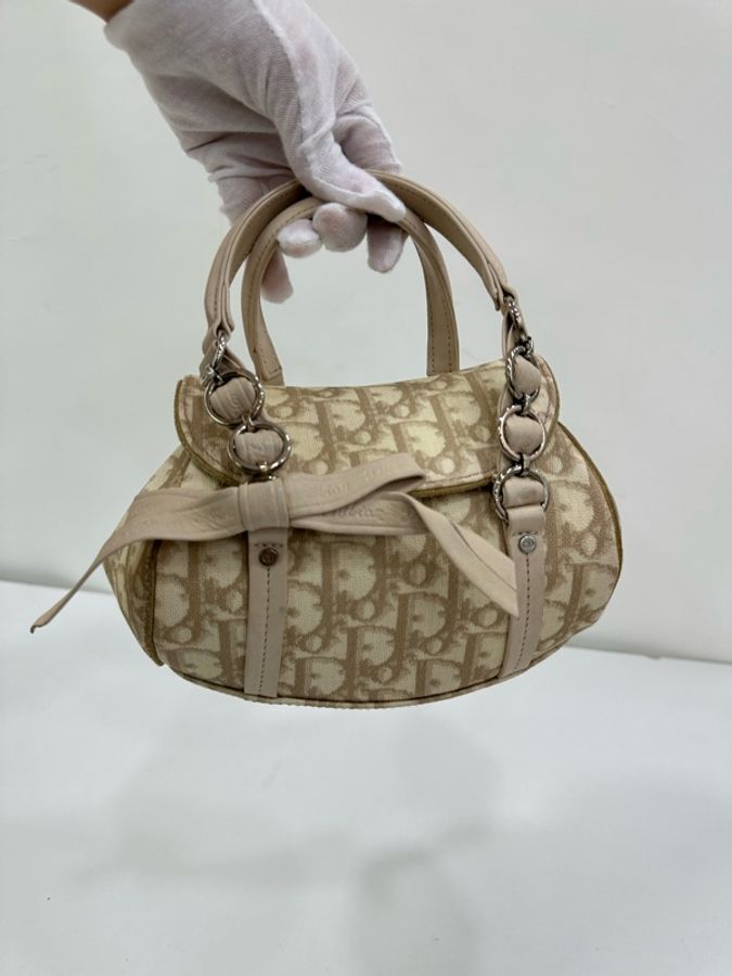 Dior迪奧燕麥老花白色絲絨蝴蝶結mini迷你手提包鏈條中古包包vintage 棕色翻蓋包-2