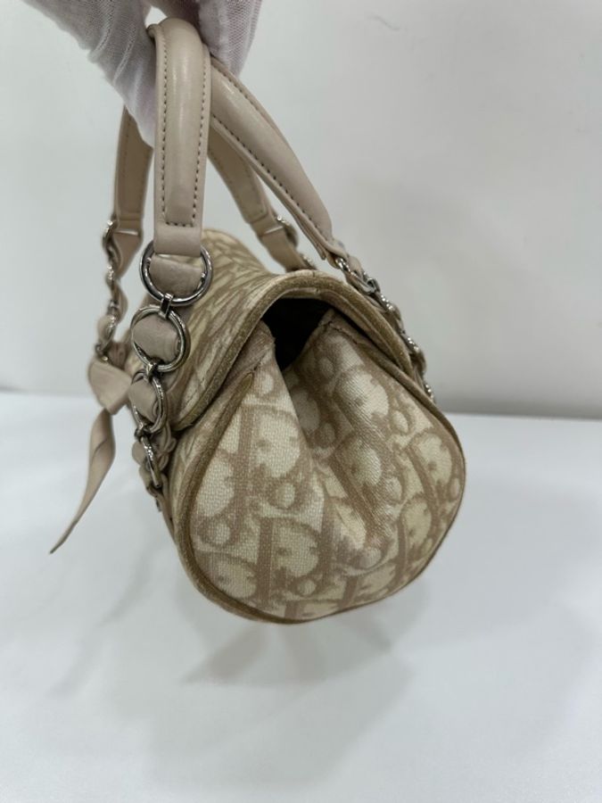 Dior迪奧燕麥老花白色絲絨蝴蝶結mini迷你手提包鏈條中古包包vintage 棕色翻蓋包-5