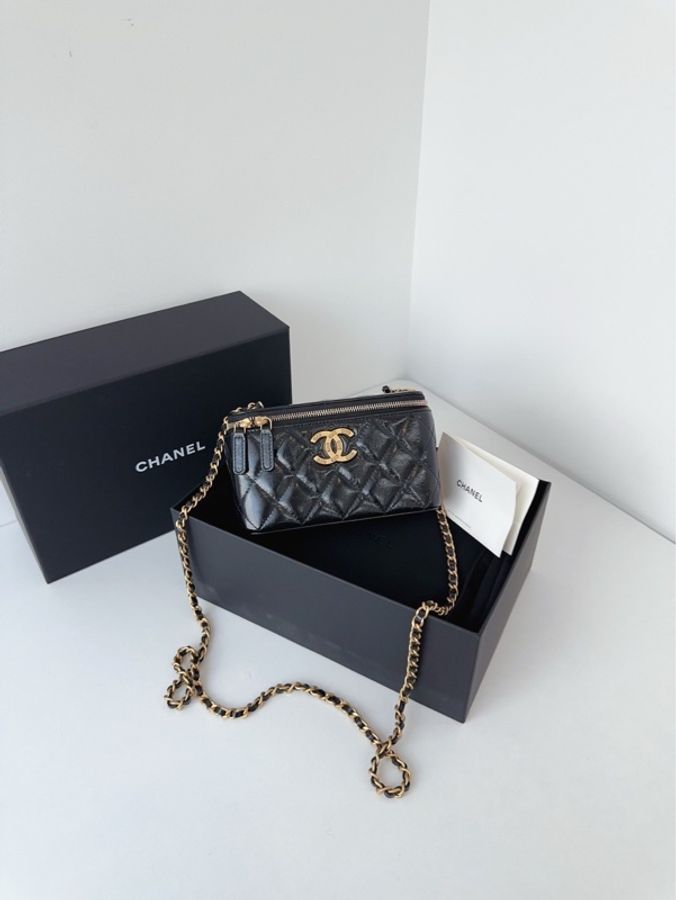 Chanel香奈兒🖤 黑金24b油蠟皮長盒子鏈條包/化妝包💗 閒置新✨芯片款💖 全配尺寸：17*10*8-0