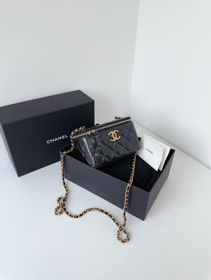 Chanel香奈兒🖤 黑金24b油蠟皮長盒子鏈條包/化妝包💗 閒置新✨芯片款💖 全配尺寸：17*10*8-1