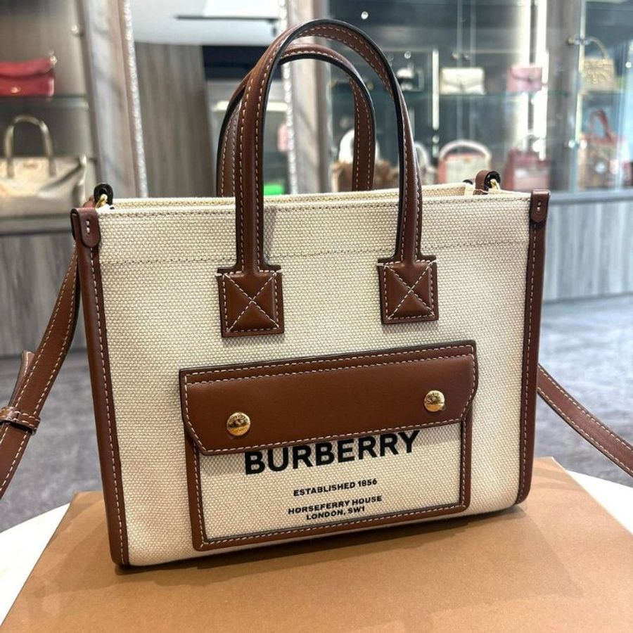 BURBERRY Mini Frey 字母帆布拼皮革兩用托特包-0