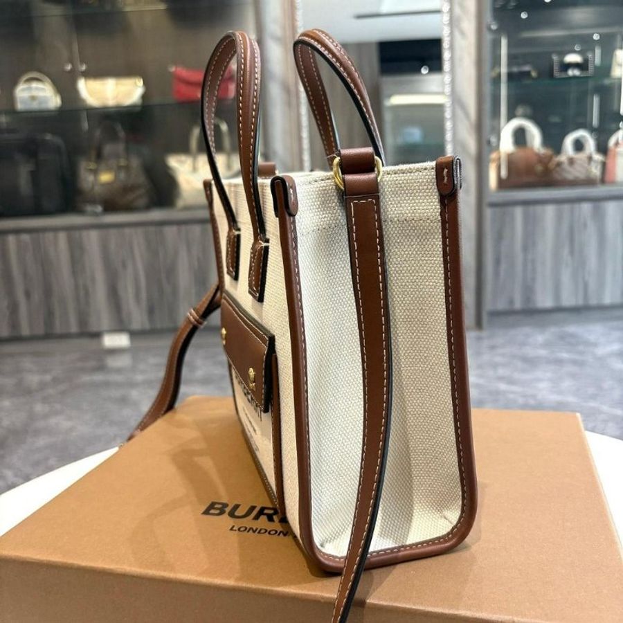 BURBERRY Mini Frey 字母帆布拼皮革兩用托特包-3