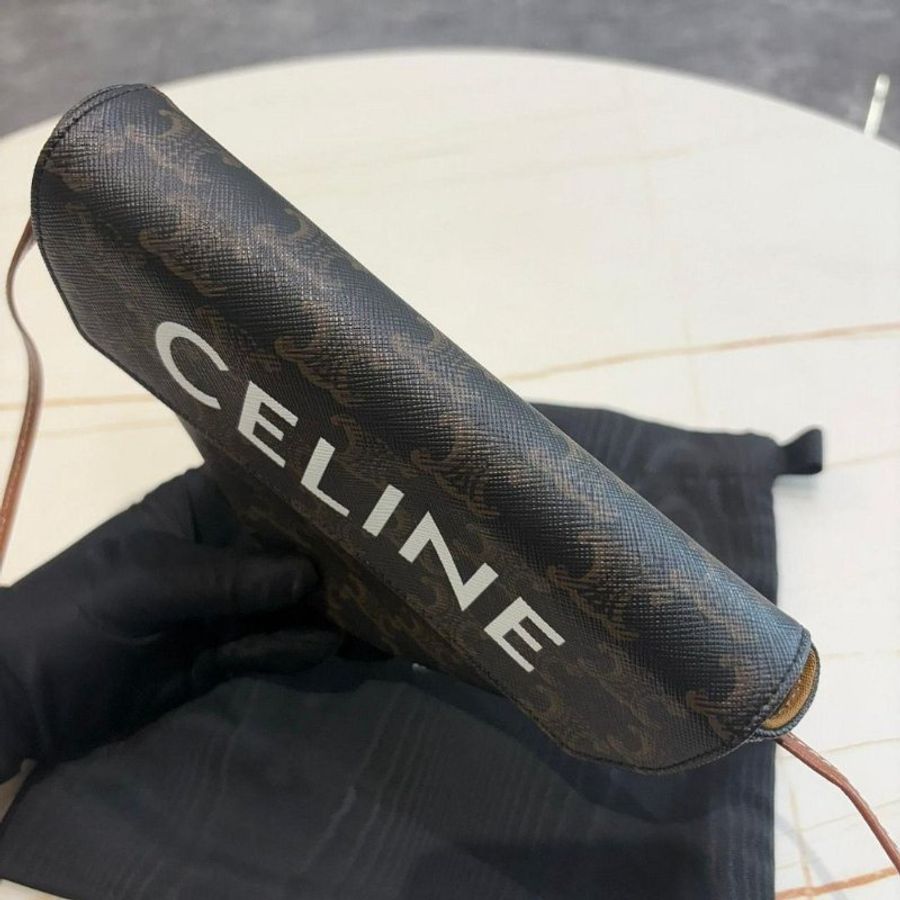 CELINE 帆布小牛皮飾邊釦式三角斜背包-4