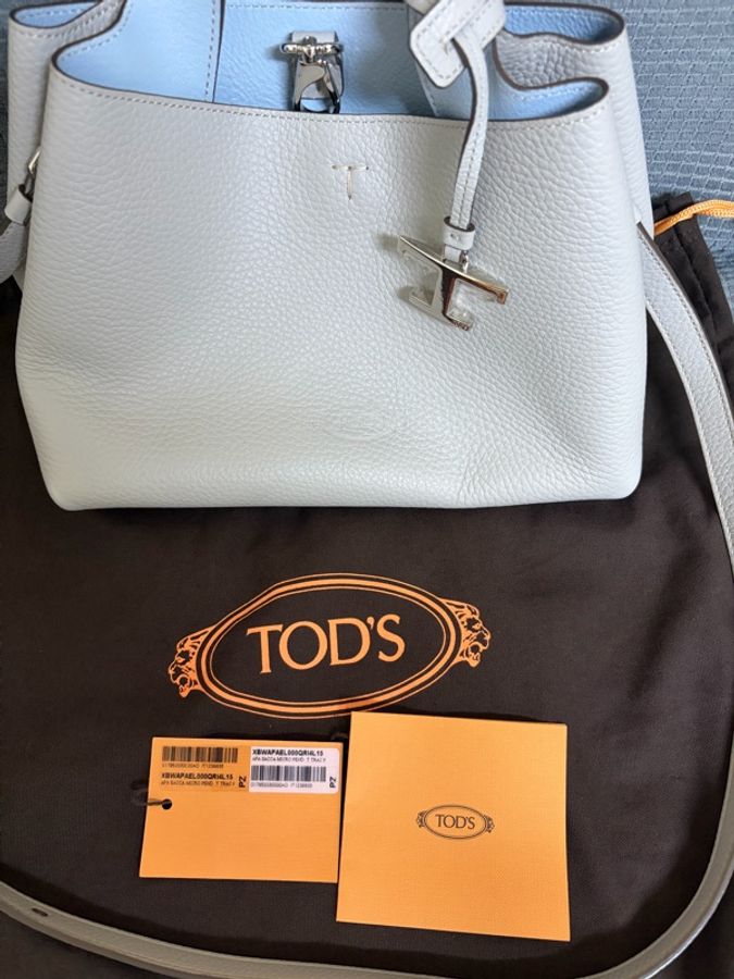 TOD’S TODS T Timeless 系列荔枝紋牛皮金屬字母LOGO 手提斜背包小款-0