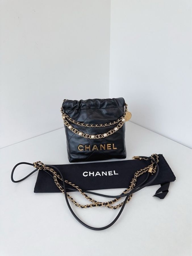 Chanel 香奈兒🖤 24a限量特別款⭐️黑金mini Bag珍珠鏈迷你垃圾袋🩷 牛皮 99新✨芯片款💕-2