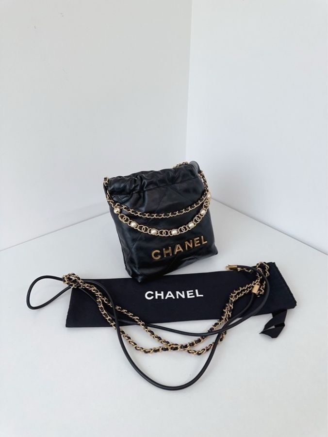 Chanel 香奈兒🖤 24a限量特別款⭐️黑金mini Bag珍珠鏈迷你垃圾袋🩷 牛皮 99新✨芯片款💕-4