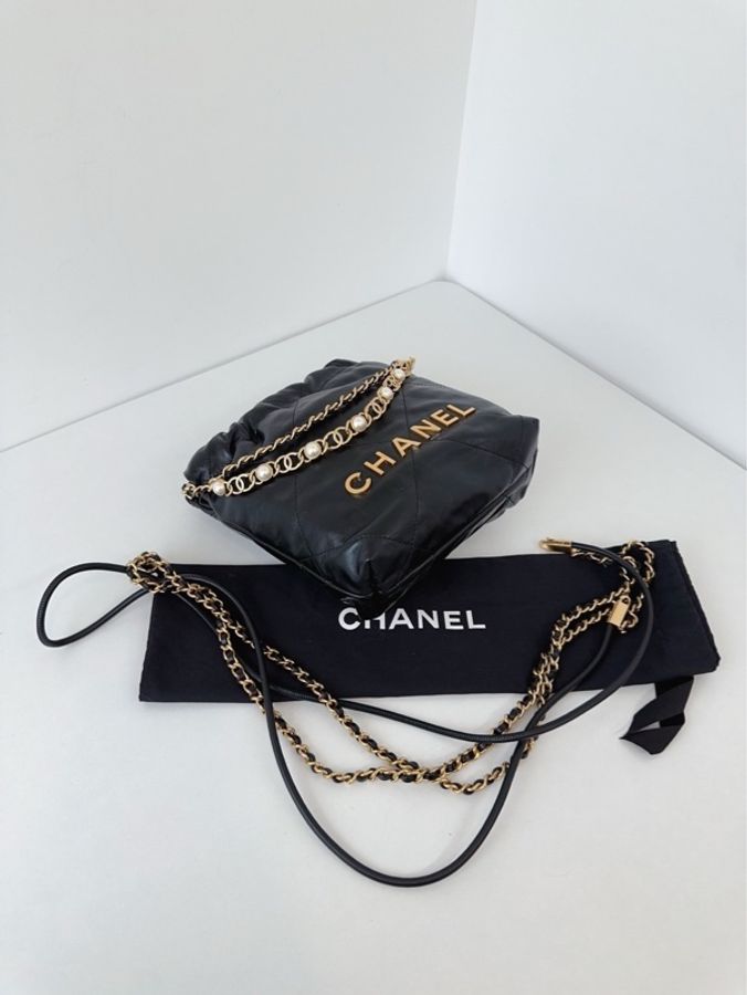 Chanel 香奈兒🖤 24a限量特別款⭐️黑金mini Bag珍珠鏈迷你垃圾袋🩷 牛皮 99新✨芯片款💕-5