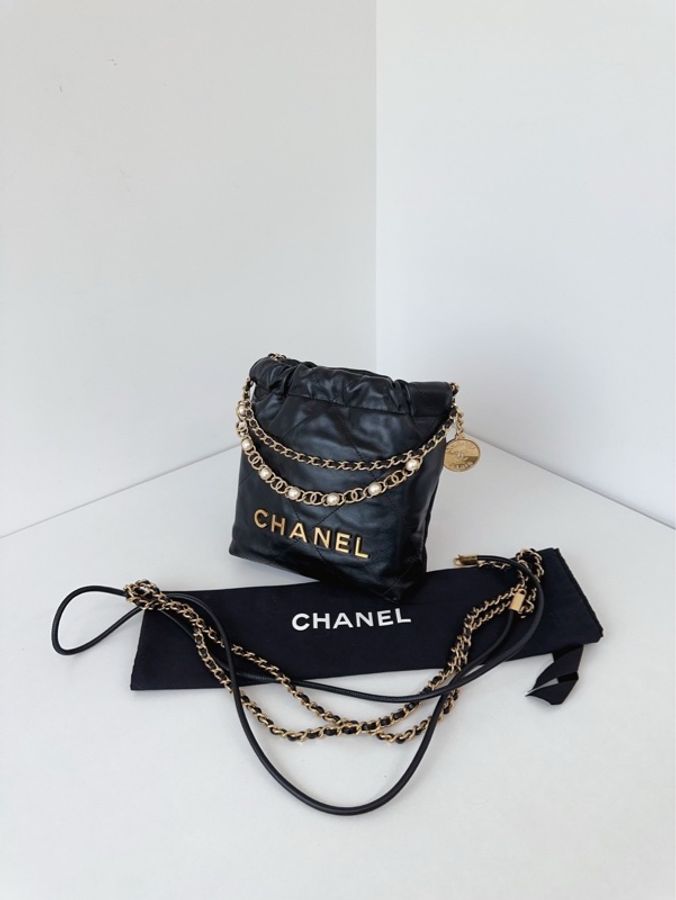 Chanel 香奈兒🖤 24a限量特別款⭐️黑金mini Bag珍珠鏈迷你垃圾袋🩷 牛皮 99新✨芯片款💕-6