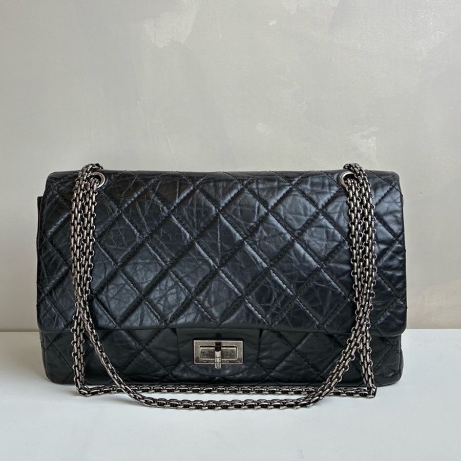 CHANEL/香奈兒 12開 黑銀銜縫復古小牛皮拼金屬 鏈條斜挎包單肩包 尺寸約：31*19.5-0