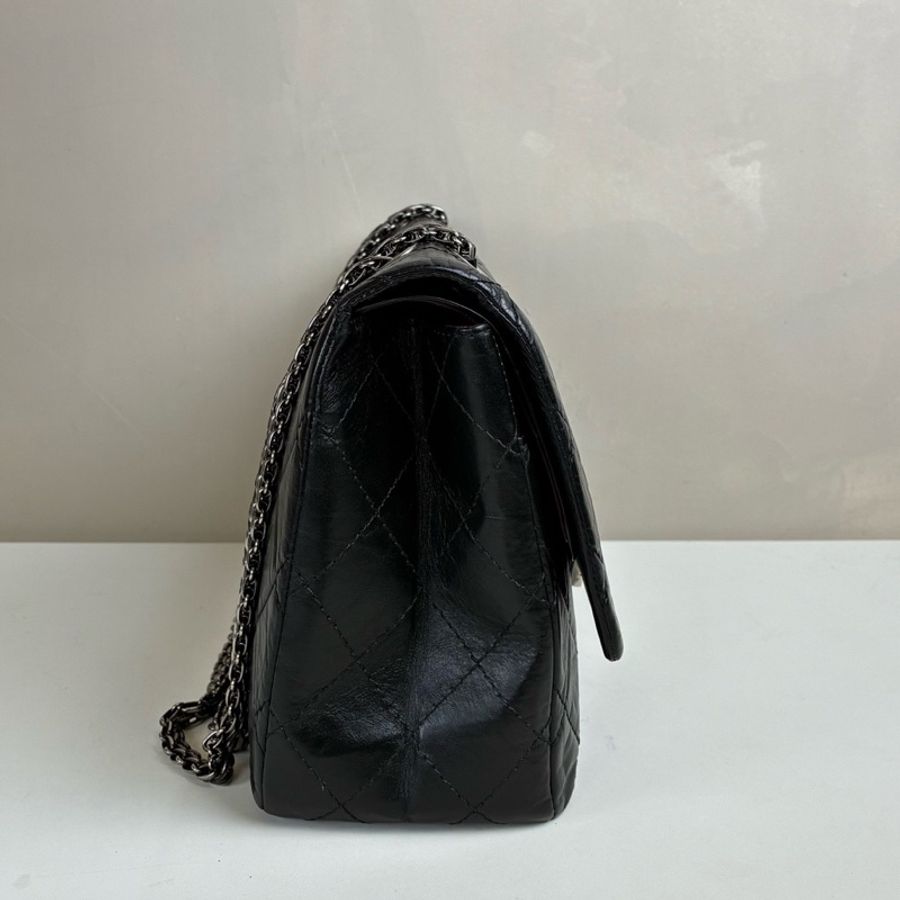 CHANEL/香奈兒 12開 黑銀銜縫復古小牛皮拼金屬 鏈條斜挎包單肩包 尺寸約：31*19.5-4