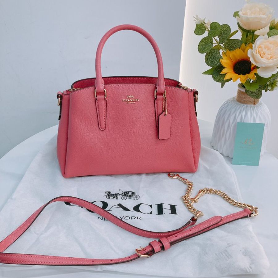 MS0763 Coach 蔻馳 手提 三用 斜背 硬牛皮 唇膏粉 金扣Sage Carryall Mini Calfskin Hot Pink x GHW-28