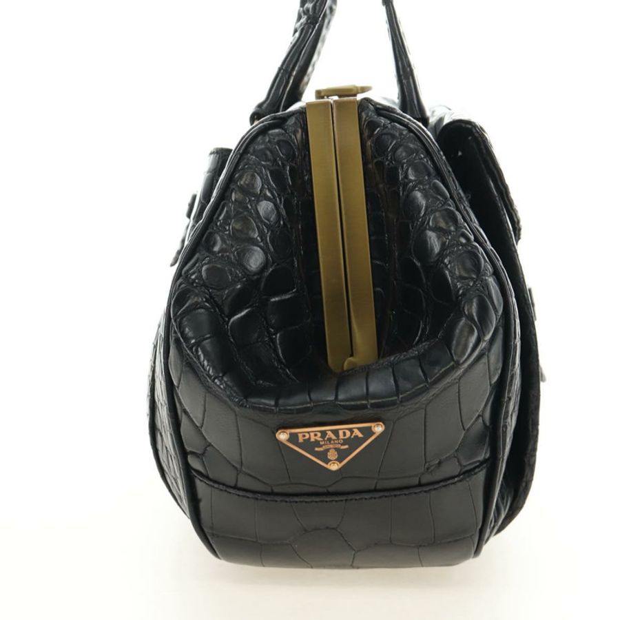 【日本直送】PRADA 鱷魚紋壓花黑色金色皮革手提包，正品編號 185588V-3