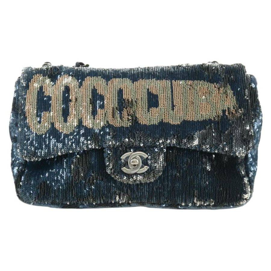 【日本直送】香奈兒 Coco Cuba 鏈條單肩包 亮片 藍色 銀色 CC 標誌 Auth 185311SM-12