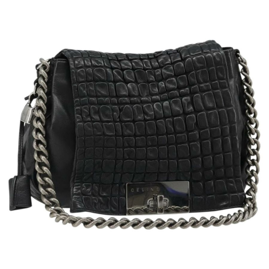【日本直送】CELINE 鏈條單肩包 皮革 黑色 銀色 正品 187041SAV-0
