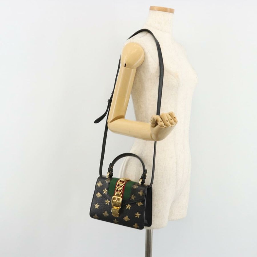 【日本直送】GUCCI Silvi Web Sherry Line 手提包 皮革 兩用 黑色 金色 470270 正品 186865V-25