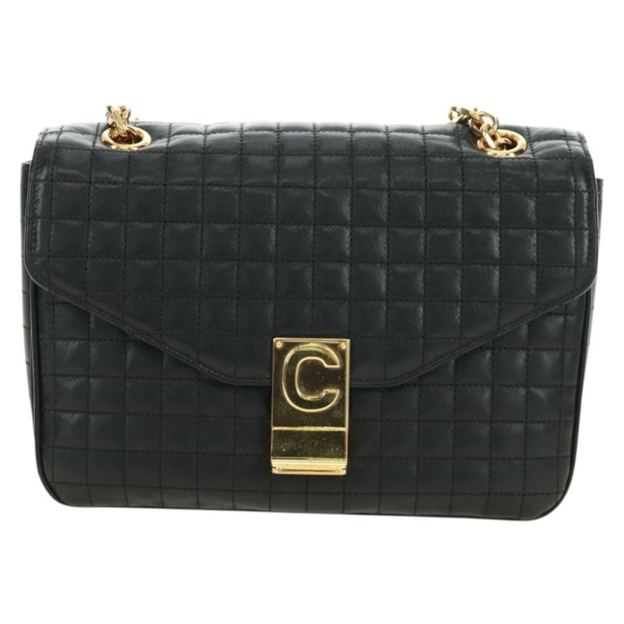 【日本直送】CELINE 鏈條單背包，黑色皮革，金色，正品 186545SAM-12