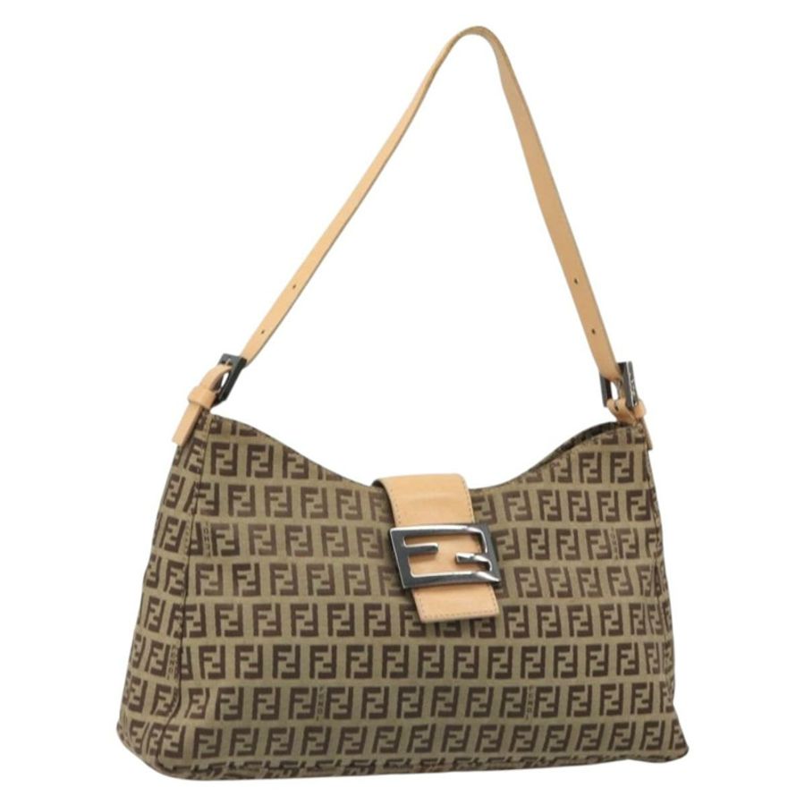 【日本直送】FENDI Zucchino帆布Mamma Baguette單肩包 米色 銀色 正品 mr2597A-0