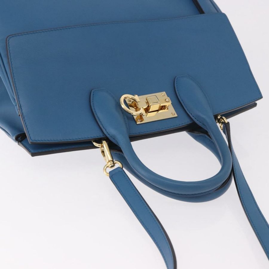 【日本直送】Salvatore Ferragamo Gancini Studio 手提包 皮革 2way 藍色金色 Auth ka4871V-5