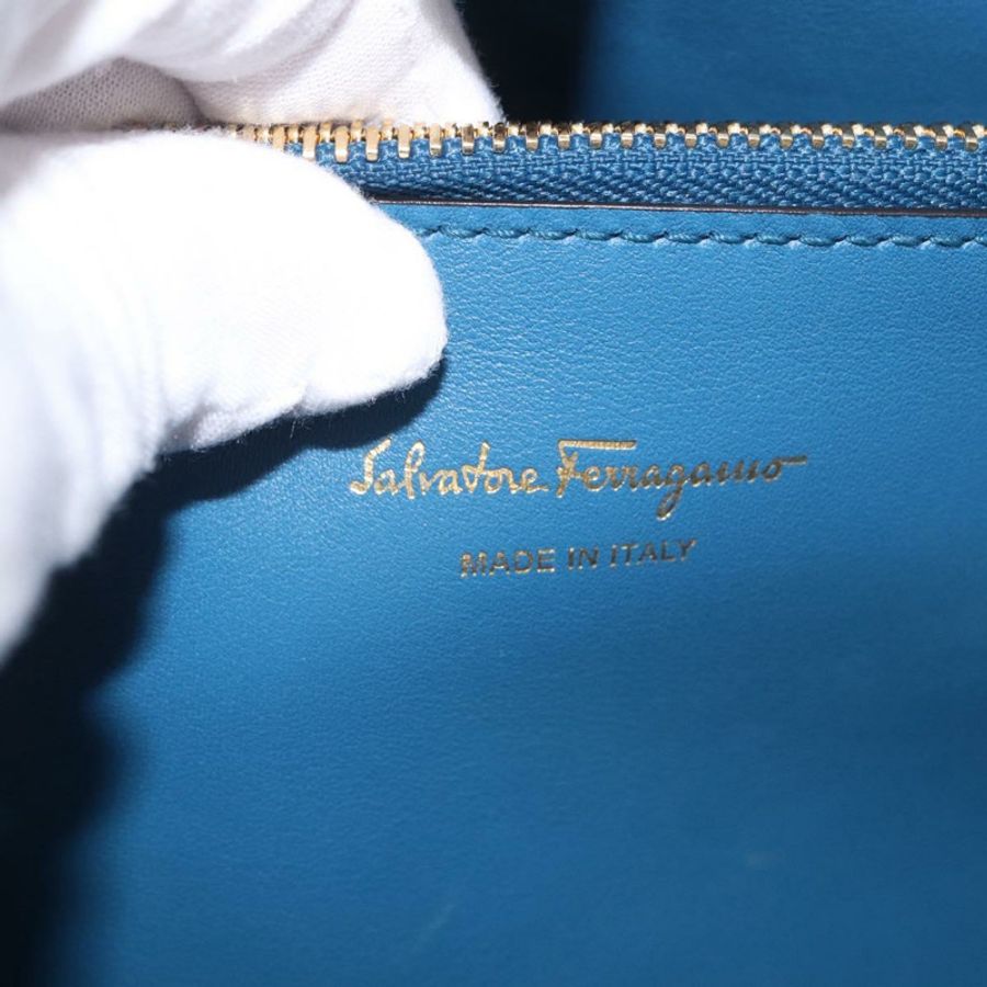 【日本直送】Salvatore Ferragamo Gancini Studio 手提包 皮革 2way 藍色金色 Auth ka4871V-19