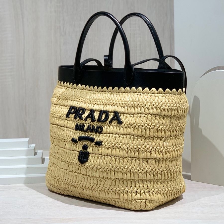 Prada小號拉菲草手提單肩包-5