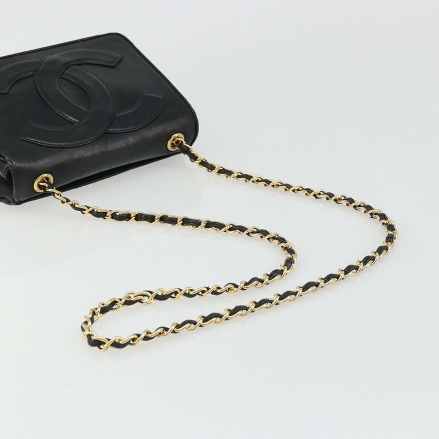 【日本直送】香奈兒 (CHANEL) 絎縫鏈條單肩包 羊皮 金色 黑色 CC 標誌 正品 BA13617A-6
