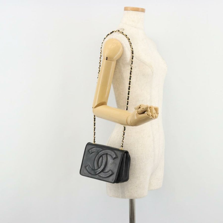 【日本直送】香奈兒 (CHANEL) 絎縫鏈條單肩包 羊皮 金色 黑色 CC 標誌 正品 BA13617A-22