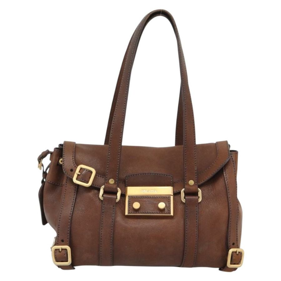 【日本直送】PRADA Ready Lock 手提包，棕色金色皮革，正品 am11940V-12