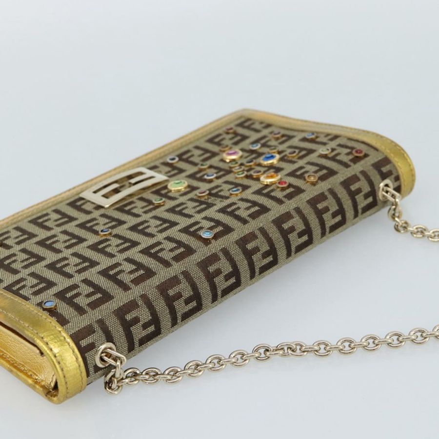 【日本直送】FENDI Zucchino帆布鏈條皮夾單肩包 米色金 正品 189259V-5