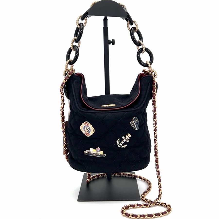 【威選精品】 CHANEL 漢堡系列黑色毛呢拼皮徽章水桶包 🖤-5