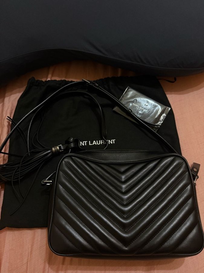YSL MONOGRAM 銀色 仿舊LOGO肩背 斜背 相機包 黑色  流蘇包-10
