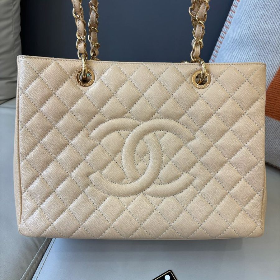 香奈兒/Chanel 米色荔枝紋牛皮GST托特肩背包-5