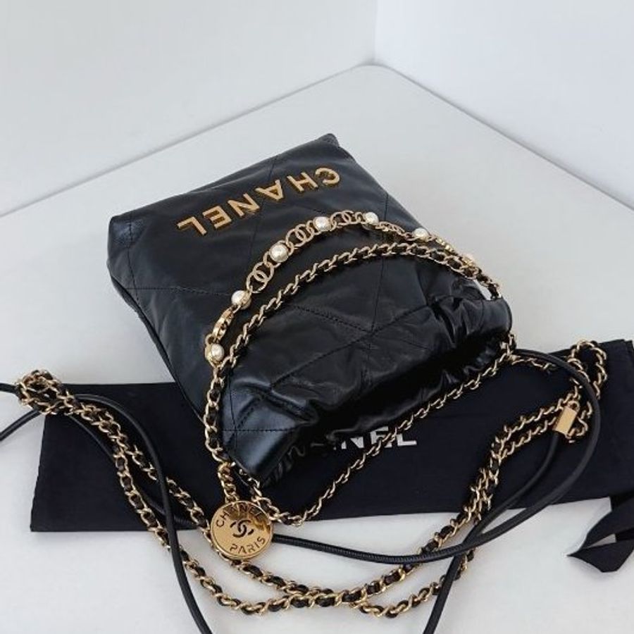 近新品 香奈兒/Chanel 黑金牛皮Mini Bag珍珠鏈條垃圾袋 芯片款-4