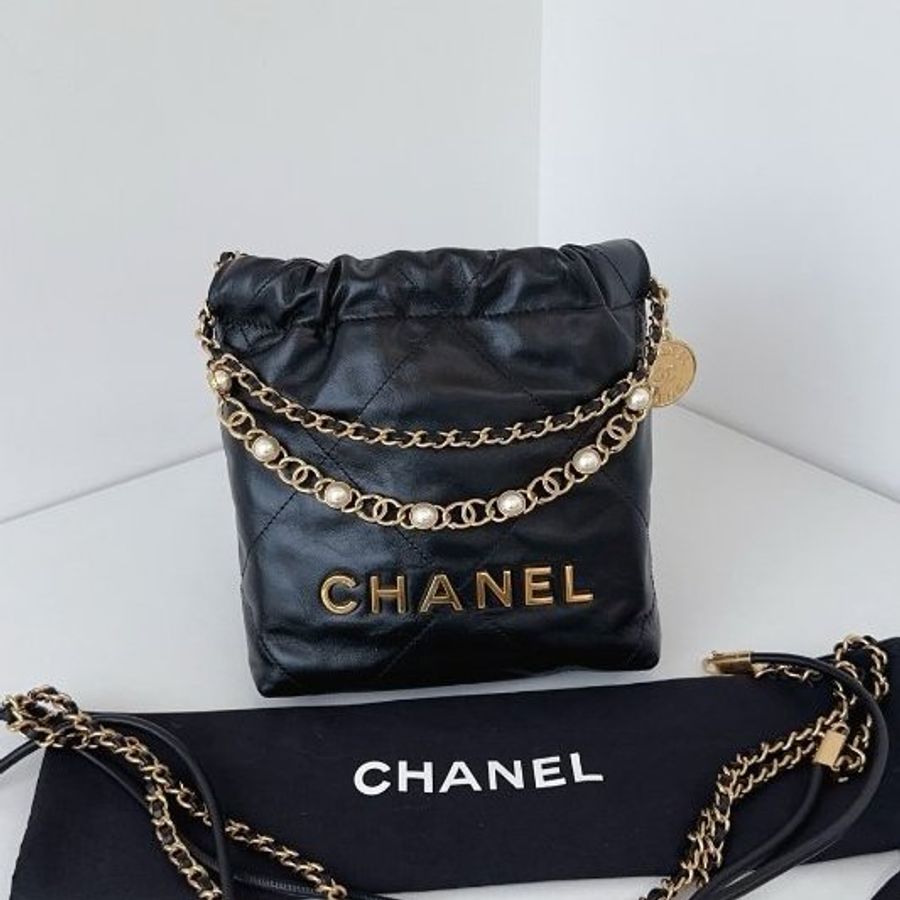 近新品 香奈兒/Chanel 黑金牛皮Mini Bag珍珠鏈條垃圾袋 芯片款-6