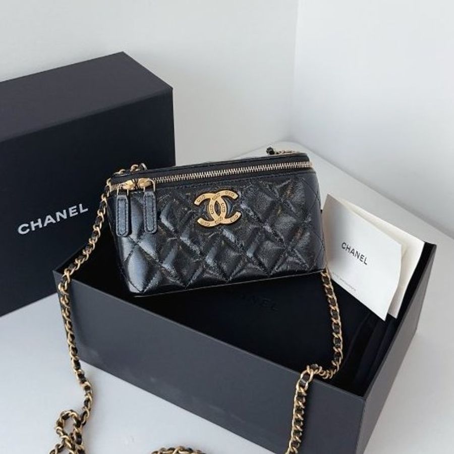 閒置新 香奈兒/Chanel 黑金油蠟皮長盒子鏈條包 芯片款-5