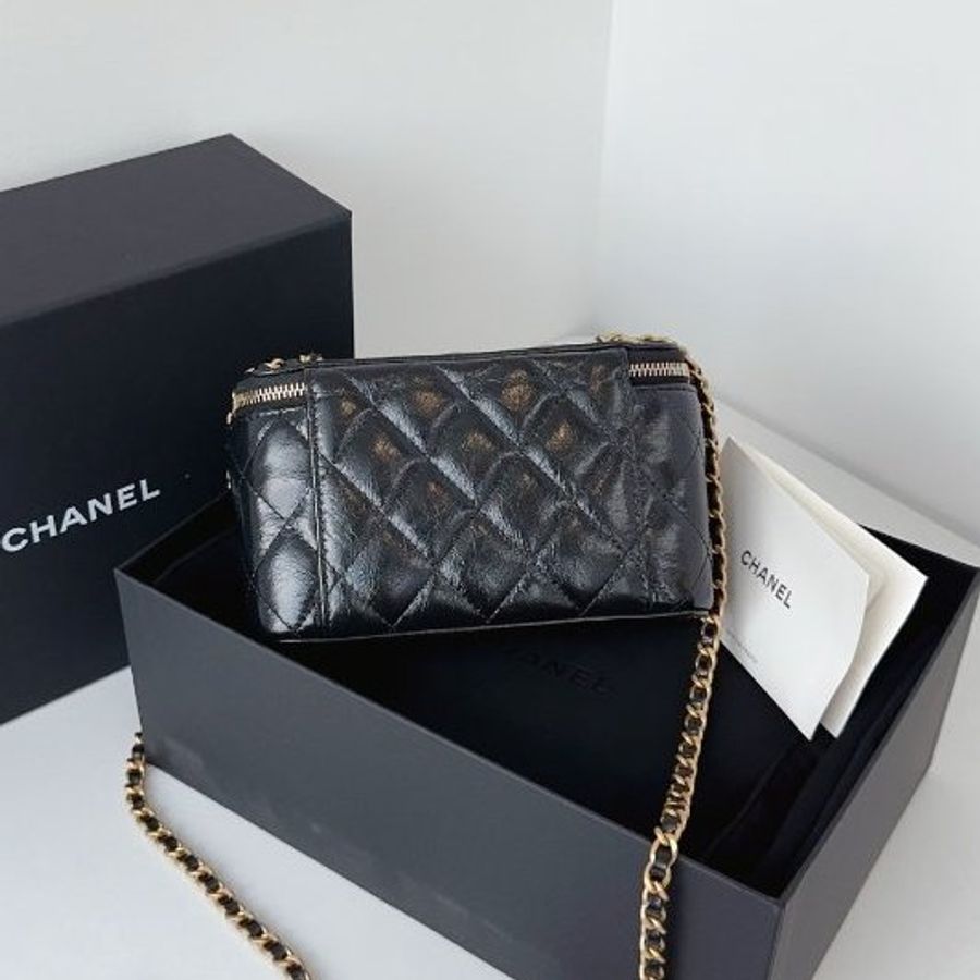 閒置新 香奈兒/Chanel 黑金油蠟皮長盒子鏈條包 芯片款-6